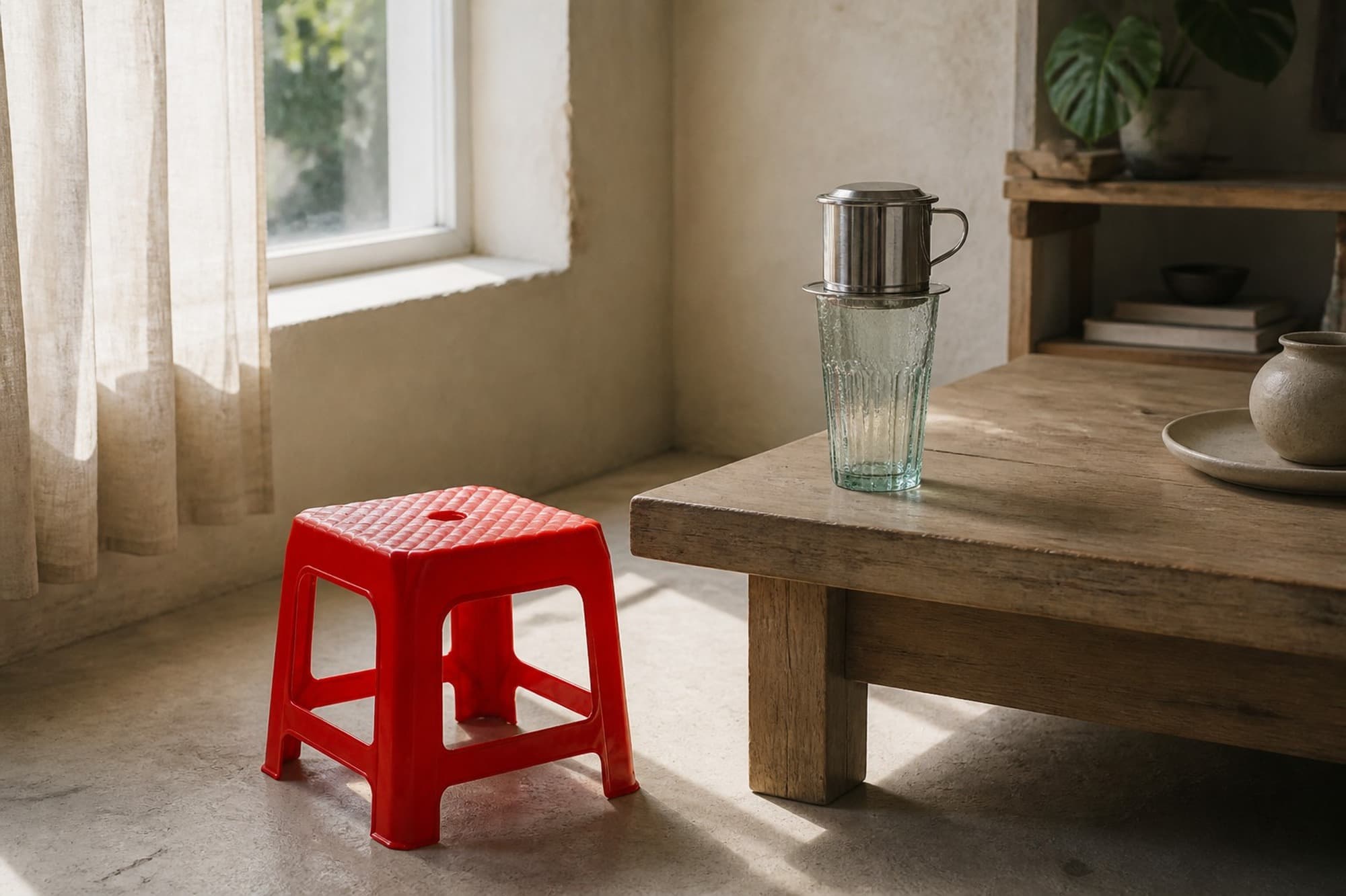 Lifestyle photograph showing a Vietnamese coffee dripper and red plastic stool in a quiet interior